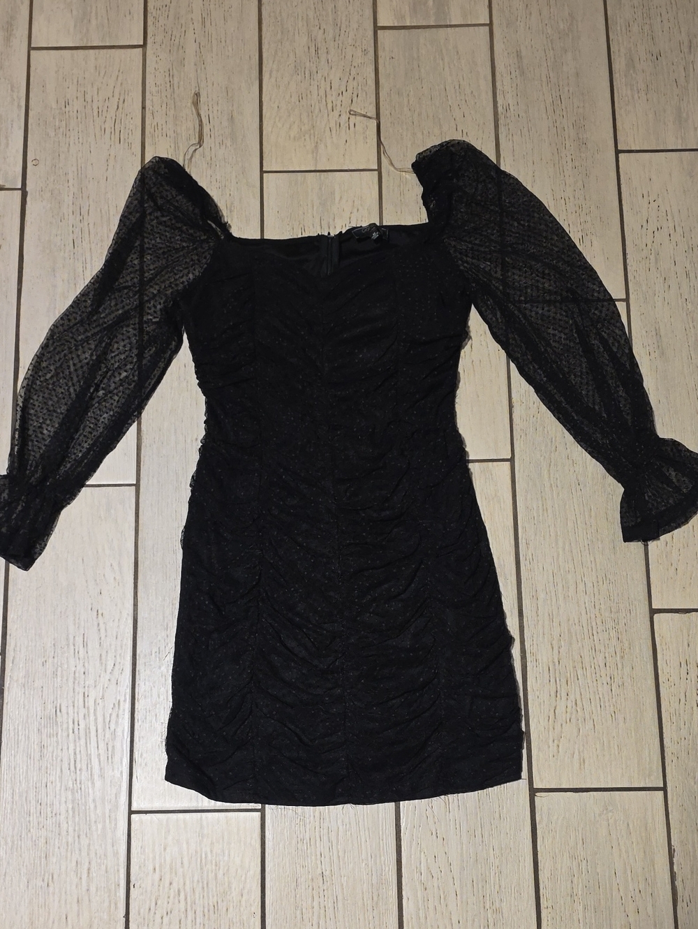 Black Puff-Sleeve Ruched Mini Dress